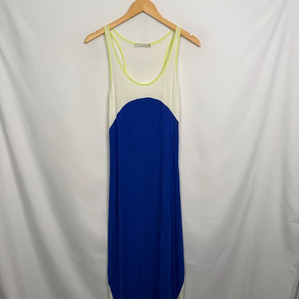 Townsen Womens Colorblock Maxi Dress Blue White Neon Yellow Racerback Large - Picture 3 of 9